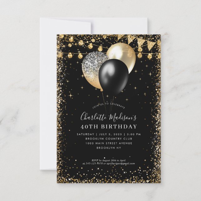 Budget Black Gold Glitter Lights Balloon Birthday Note Card (Front)