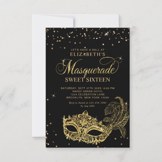 BUDGET Black Gold Glitter Masquerade Sweet 16 Note Card (Front)