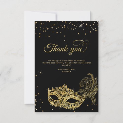 BUDGET Black Gold Glitter Masquerade Thank You Note Card