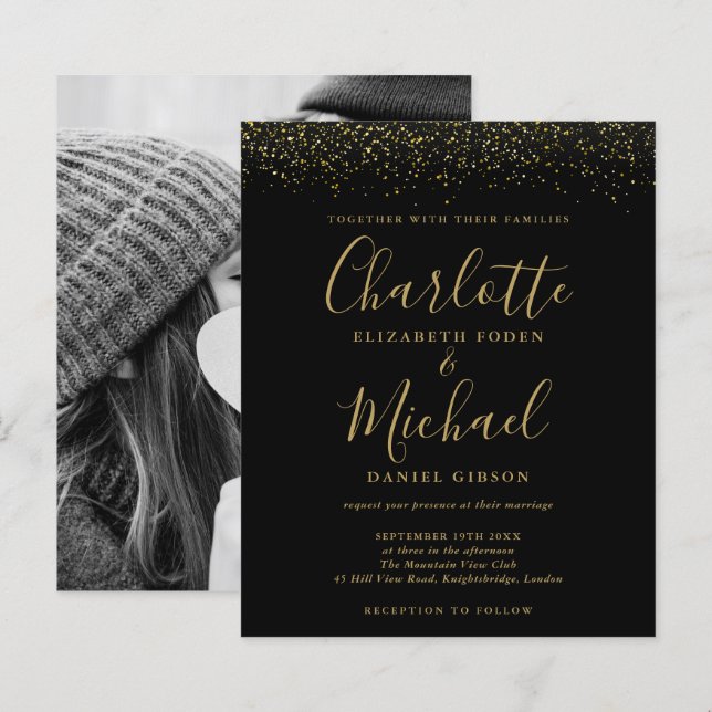 Budget Black Gold Glitter Photo Wedding Invite (Front/Back)