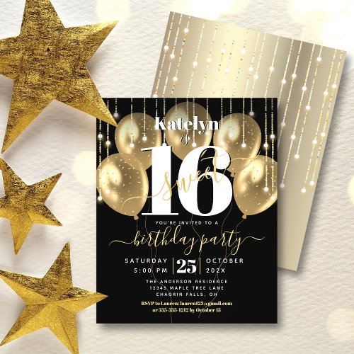 Budget Black Gold Glitter Sweet 16 Balloons Invite