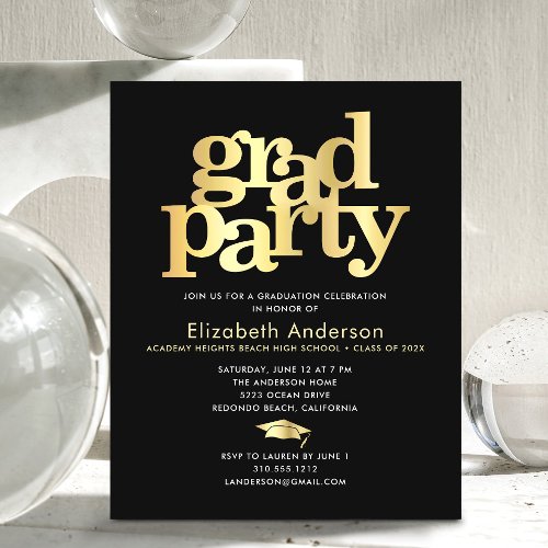 Budget black gold graduation cap bold party invite