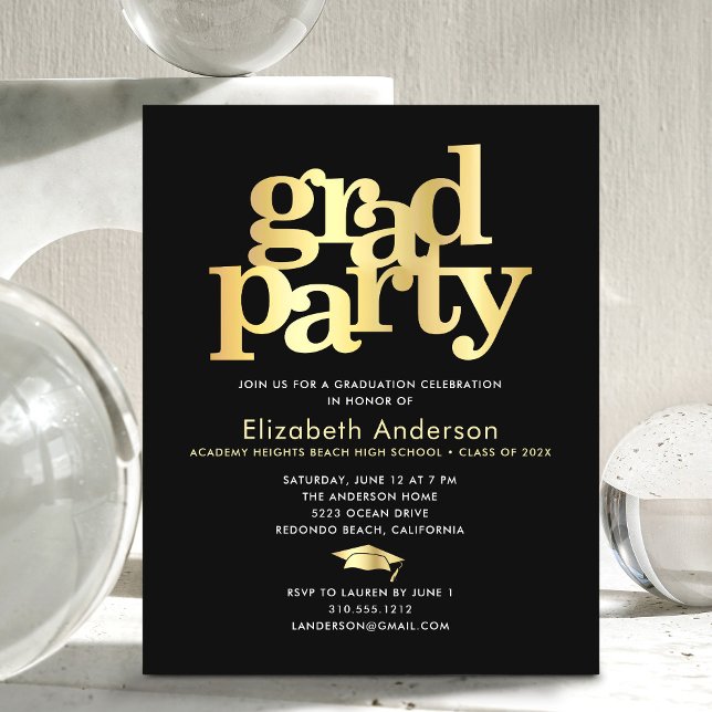 Budget black gold graduation cap bold party invite (Creator Uploaded)