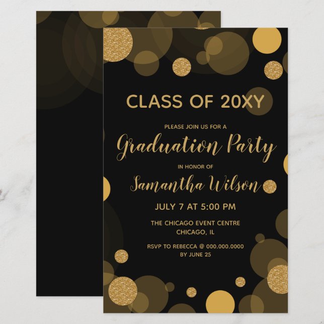 Budget Black Gold Graduation Party Invitation (Front/Back)