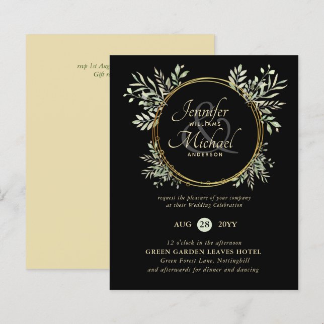 BUDGET Black Gold Greenery Wreath Wedding Invite (Front/Back)