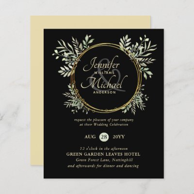 BUDGET Black Gold Greenery Wreath Wedding Invite