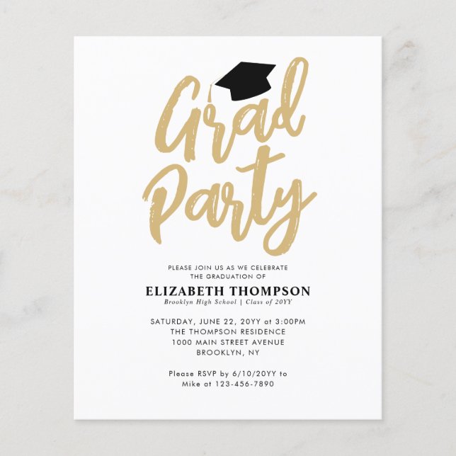 Budget Black Gold Hat Graduation GRAD PARTY Invite (Front)