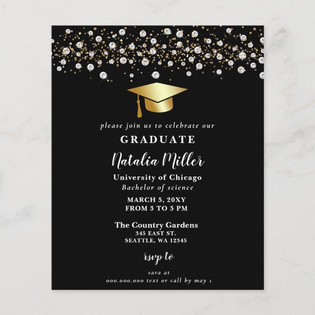 Budget Black Gold Hat Graduation Invitation (Front)