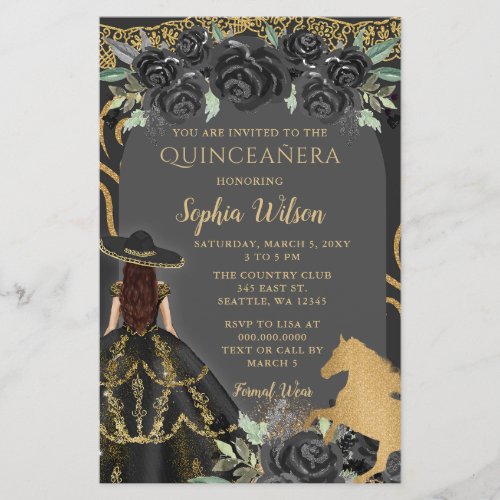 Budget Black Gold Horse Floral Charra Quinceaera