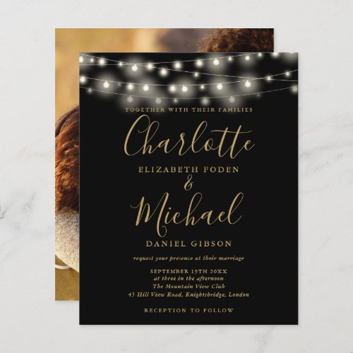 Budget Black Gold Lights Photo Wedding Invitation