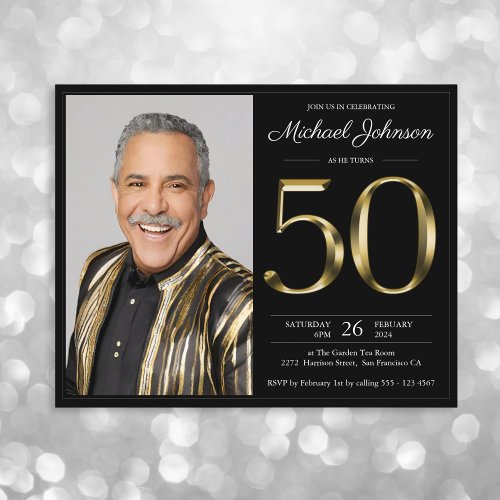 Budget Black Gold Photo 50th Birthday Invitation