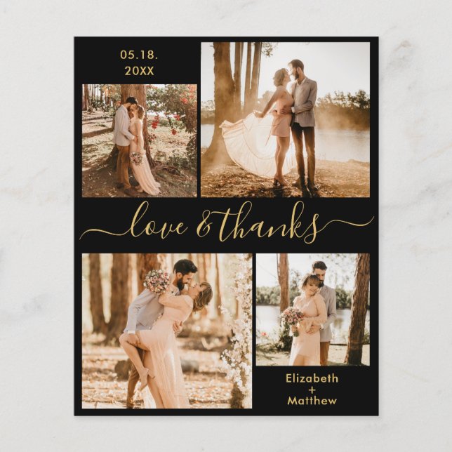 Budget Black Gold Photo Collage Wedding Thank You  (Front)