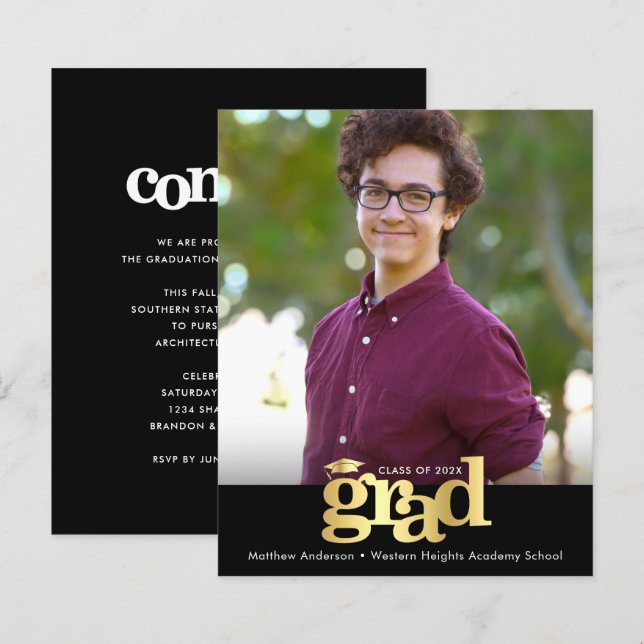 Budget Black Gold Photo Graduation Bold Cap Invite (Front/Back)
