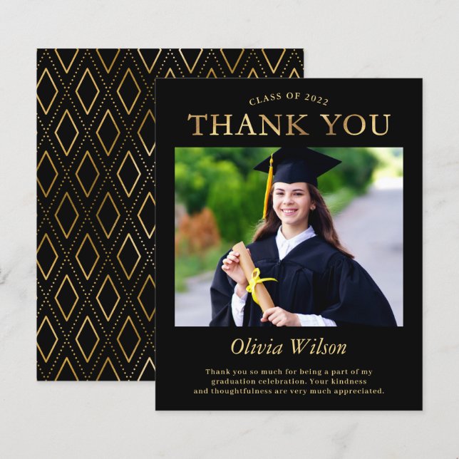 Budget Black Gold Photo Graduation Thank You (Front/Back)