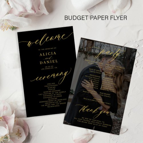 Budget black gold photo wedding program flyer