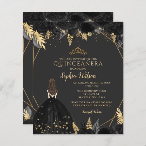 Budget Black Gold Princess Quinceaera Invitation