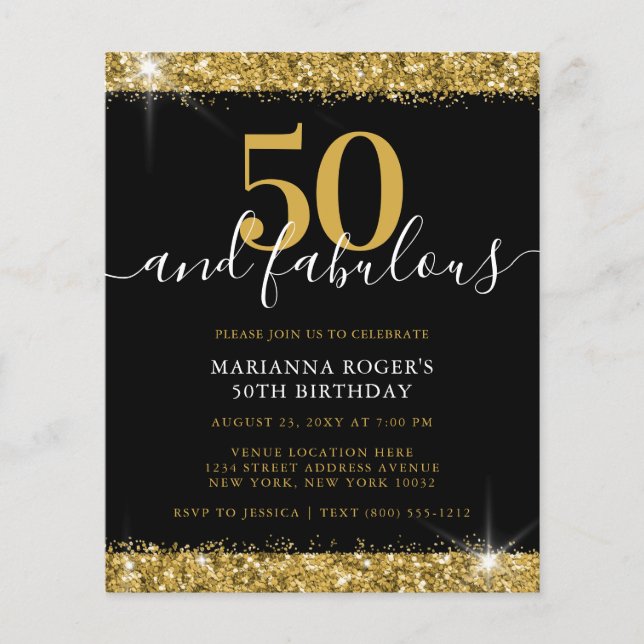 Budget Black Gold Sparkle 50th Birthday Invitation (Front)