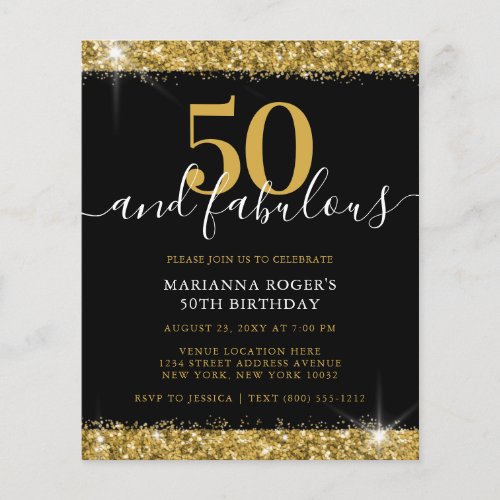 Budget Black Gold Sparkle 50th Birthday Invitation