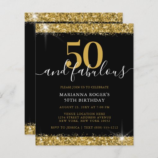 Budget Black Gold Sparkle 50th Birthday Invitation | Zazzle
