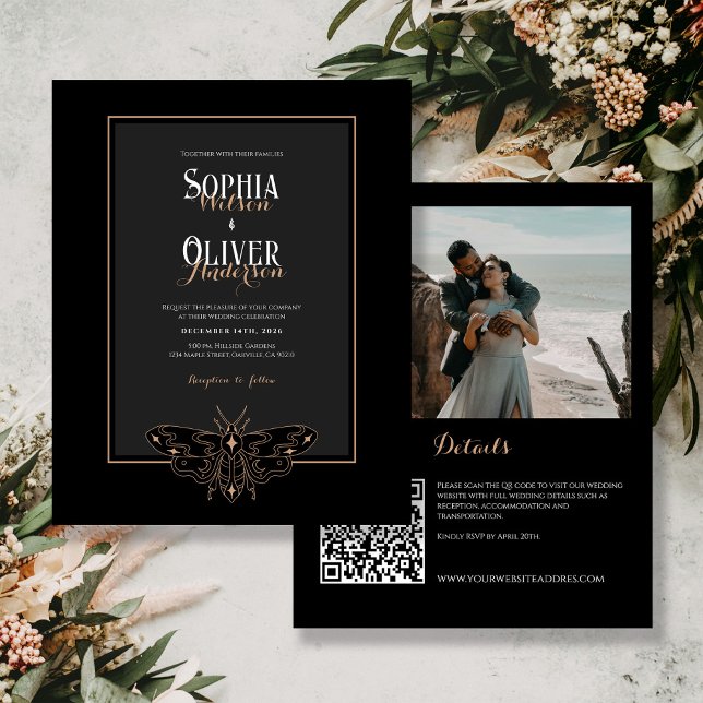 Budget Black Gothic Photo QR code Wedding Invite (Creator Uploaded)