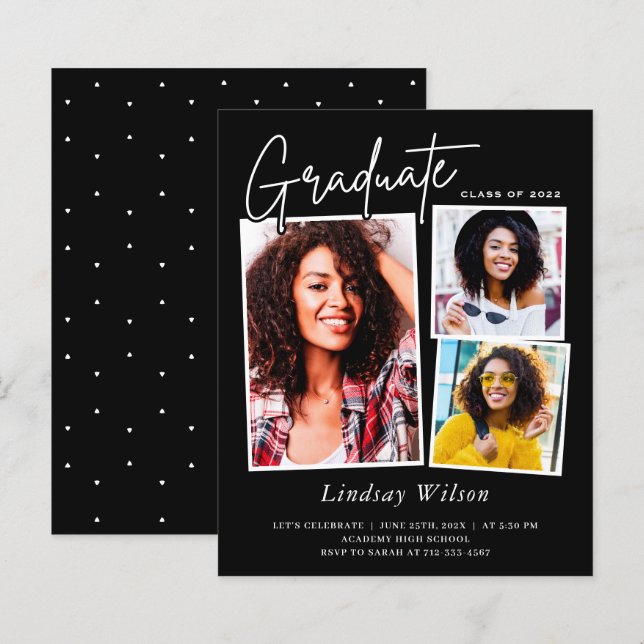 Budget Black Grad 3 Photo Graduation Invitations (Front/Back)