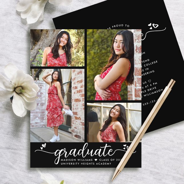 Budget Black Graduation 4 Photo Script Invitation  (Creator Uploaded)