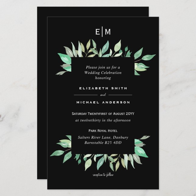 BUDGET Black Greenery Wedding Invitations A9 (Front/Back)