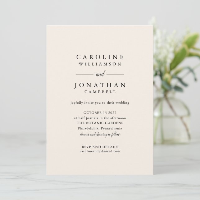 Budget Black Ivory Serif Minimalist Wedding Invite (Standing Front)