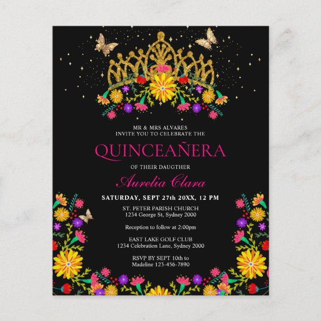 Budget Black Mexican Floral Gold Tiara Quinceanera (Front)