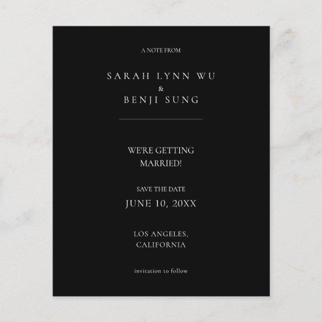 Budget Black Minimalist Mod 2V2 Save the Date Flyer (Front)