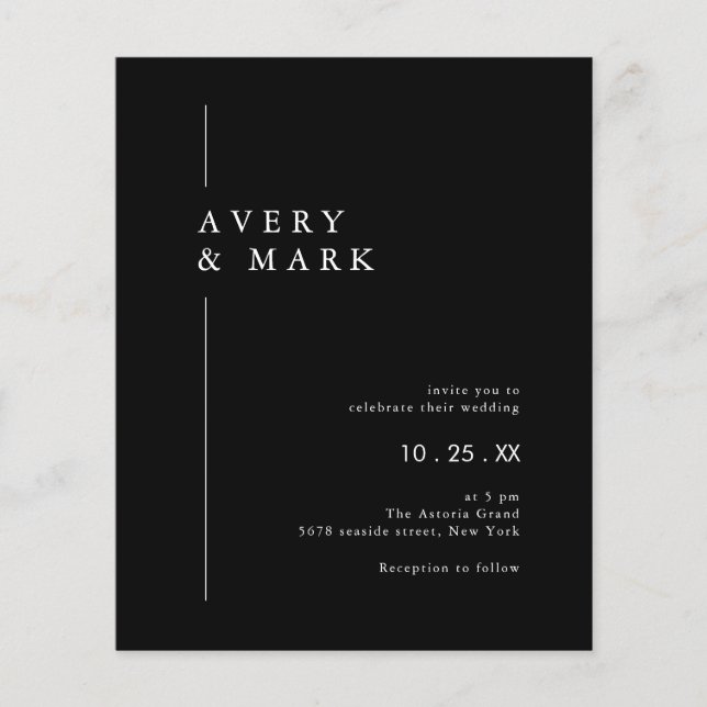 Budget Black Modern Minimalist Wedding Invitation (Front)
