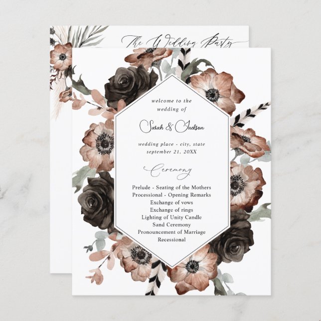 Budget Black & Natural Floral Boho Wedding Program (Front/Back)