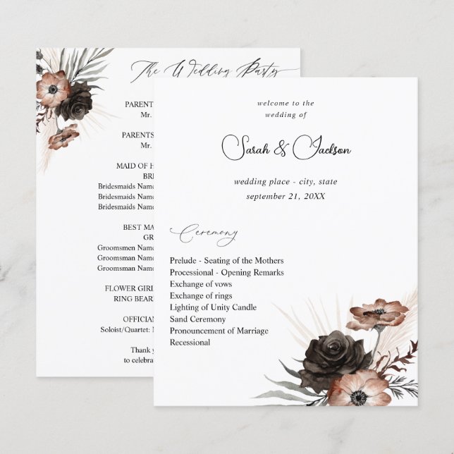 Budget Black &NaturalFloral Boho Wedding Program 2 (Front/Back)