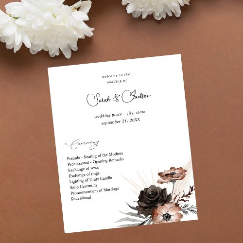 Budget Black NaturalFloral Boho Wedding Program 2 Flyer