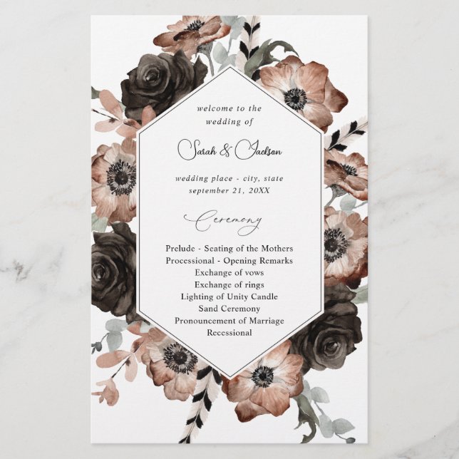 Budget Black &NaturalFloral Boho Wedding Program M Flyer (Front)