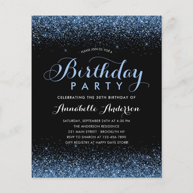 Budget Black Navy Blue Glitter Any Age Birthday (Front)