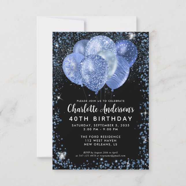 Budget Black Navy Blue Glitter Balloon Birthday Note Card (Front)