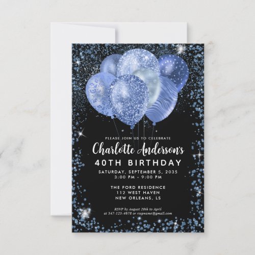 Budget Black Navy Blue Glitter Balloon Birthday Note Card