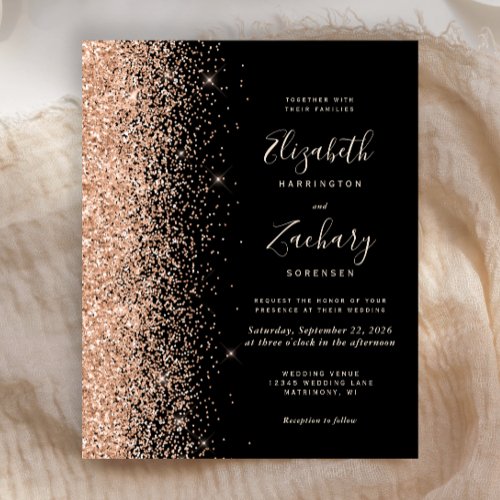 Budget Black Peach Faux Glitter Wedding Invitation