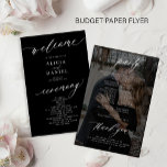 Budget black photo wedding program flyer<br><div class="desc">Modern simple minimalist white script trendy solid black ceremony and party cheap BUDGET wedding program paper flyer template featuring chic trendy romantic elegant calligraphy and custom photo overlay on the backside. Easy to personalize with your custom text and picture on both sides! PLEASE READ THIS BEFORE PURCHASING! This is a...</div>