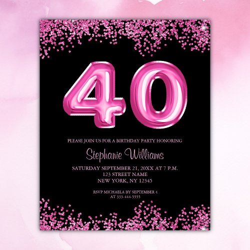 Budget Black Pink Glitzy 40th Birthday Party Flyer