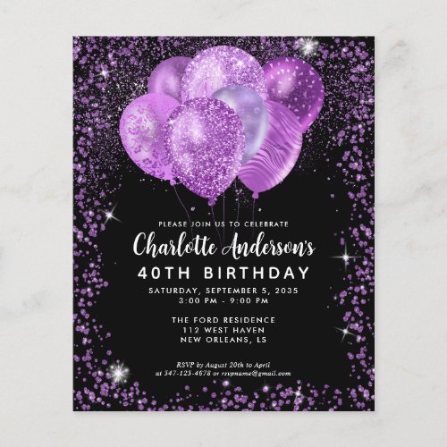 Budget Black Purple Glam Glitter Balloon Birthday