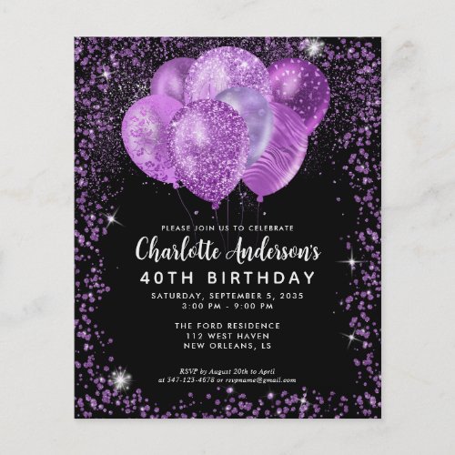 Budget Black Purple Glam Glitter Balloon Birthday Flyer