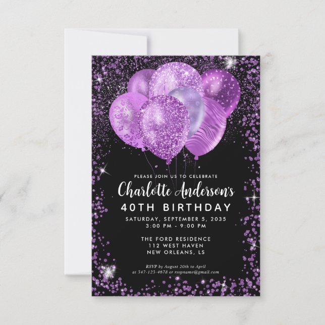 Budget Black Purple Glam Glitter Balloon Birthday Note Card (Front)