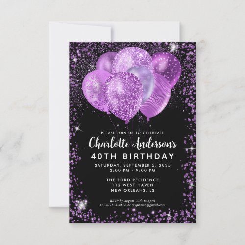 Budget Black Purple Glam Glitter Balloon Birthday Note Card