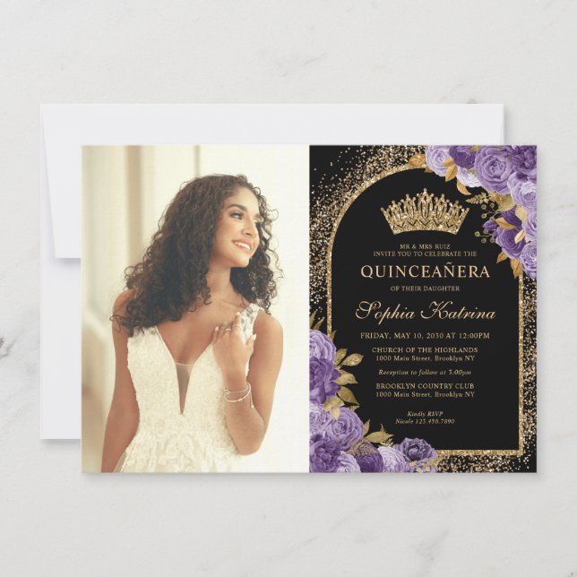 Budget Black Purple Gold Floral Photo Quinceanera Note Card (Front)
