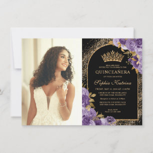 Budget Black Purple Gold Floral Photo Quinceanera Note Card