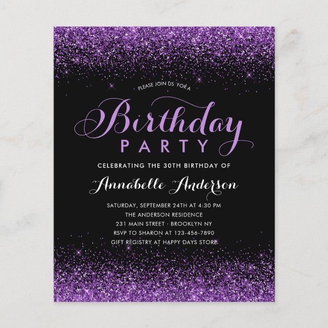 Budget Black Purple Plum Glitter Any Age Birthday (Front)