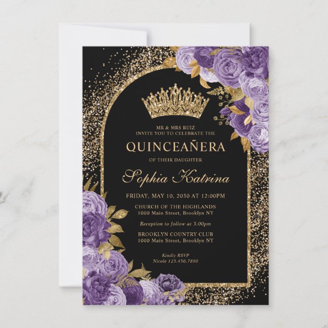 Budget Black Purple Violet Gold Floral Quinceanera Note Card (Front)