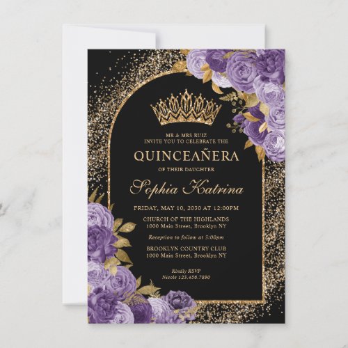 Budget Black Purple Violet Gold Floral Quinceanera Note Card